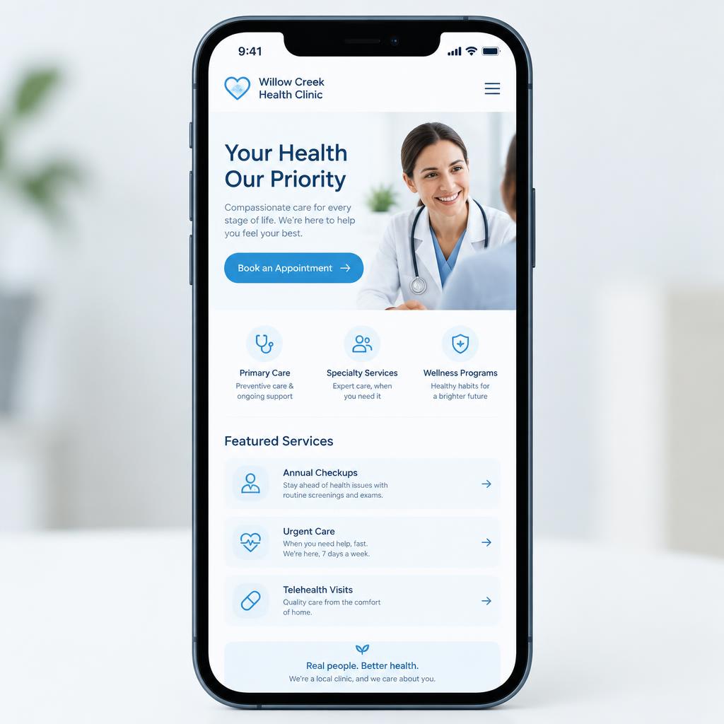 Healthcare clinic website on mobile