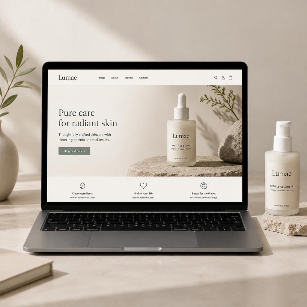Skincare e-commerce site on a laptop